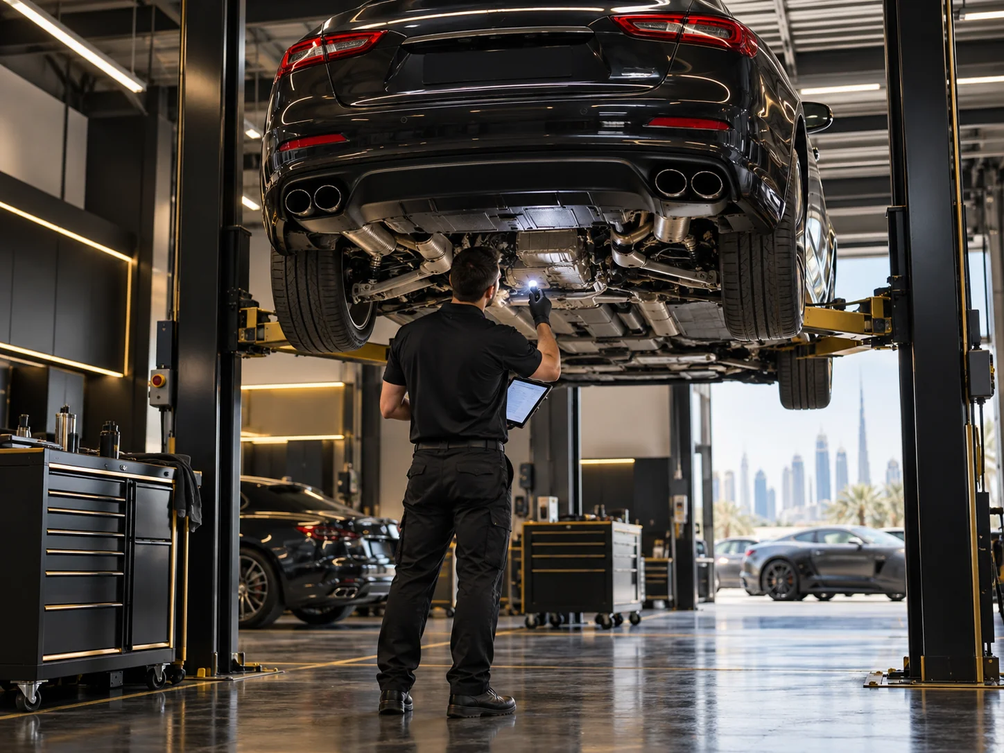 a luxury saloon on a lift, a technician from behind with a tablet and torch checking the gearbox, brakes and suspension
