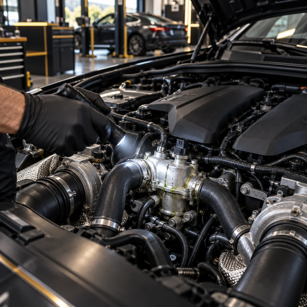 close up of a twin turbo V6 engine bay, a gloved hand pointing a torch at the thermostat housing and hoses, faint coolant residue