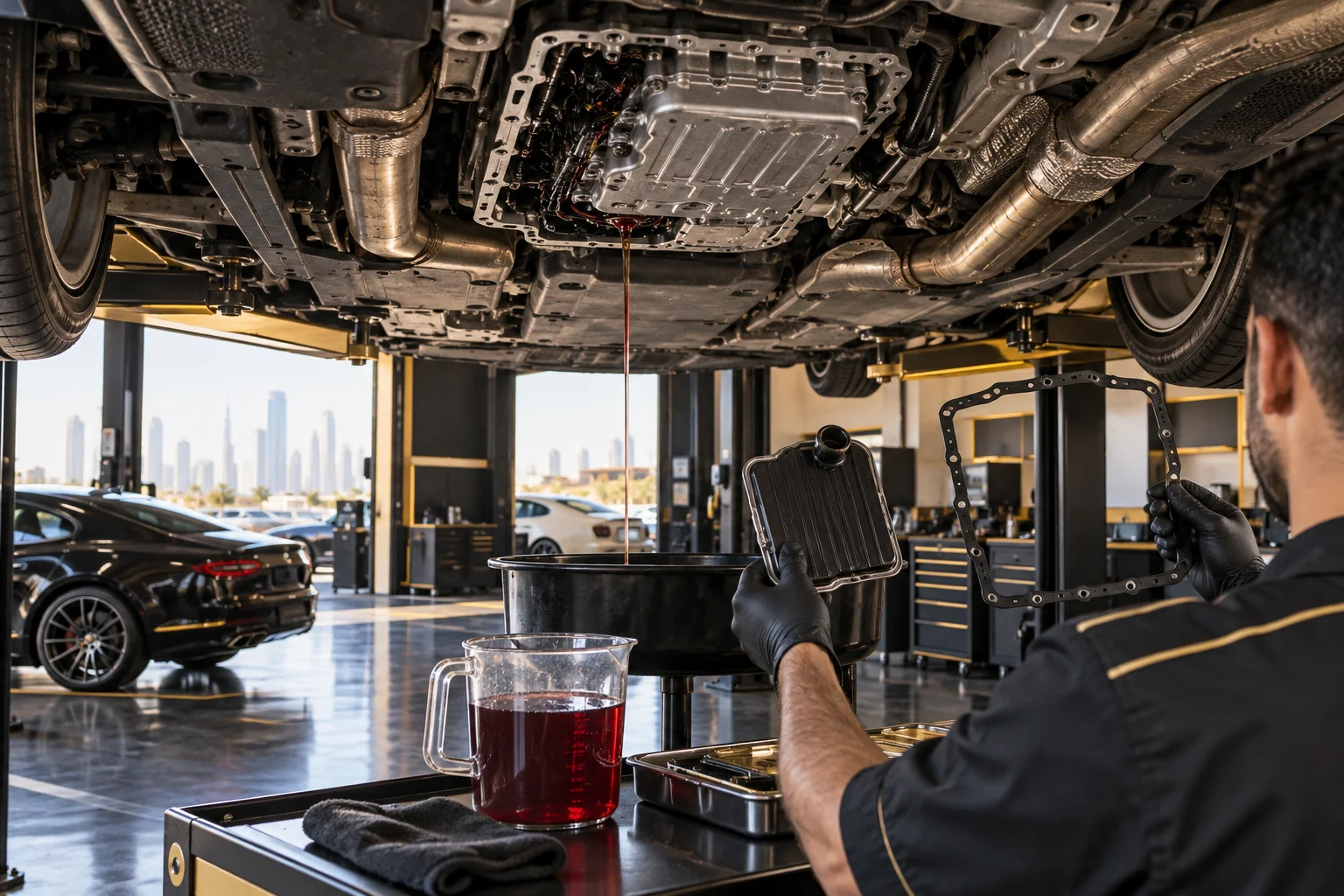 underside of a luxury saloon on a lift, drain pan under an 8 speed automatic gearbox, hands holding a new filter and pan gasket, fresh fluid in a clear jug