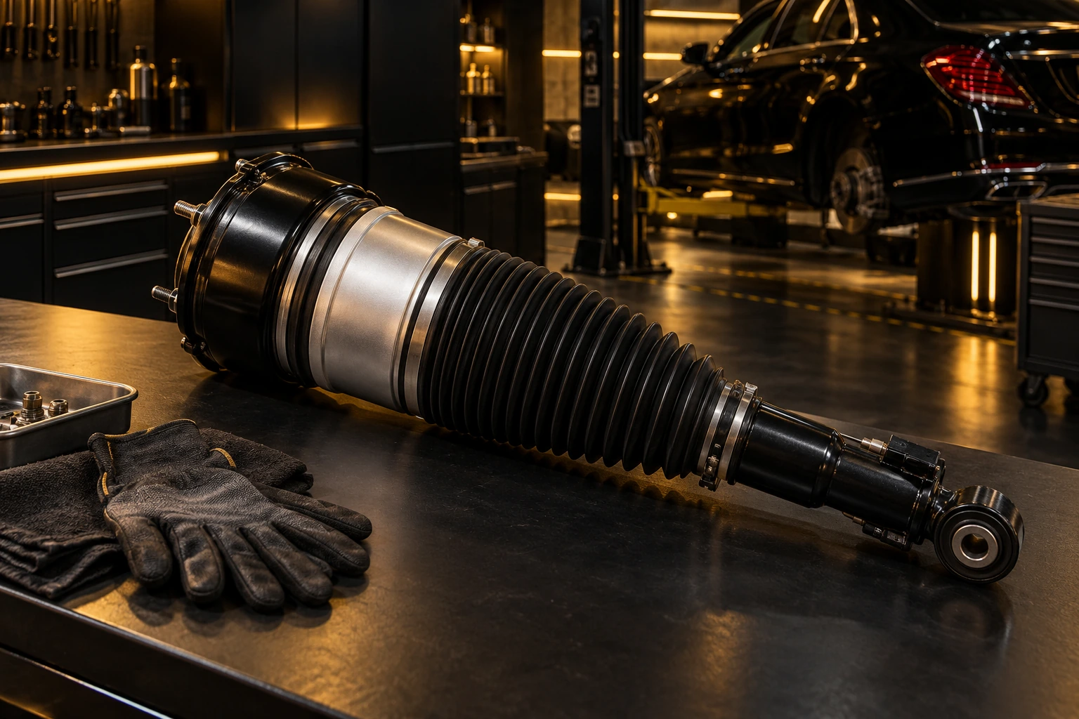 Air suspension strut on a luxury saloon
