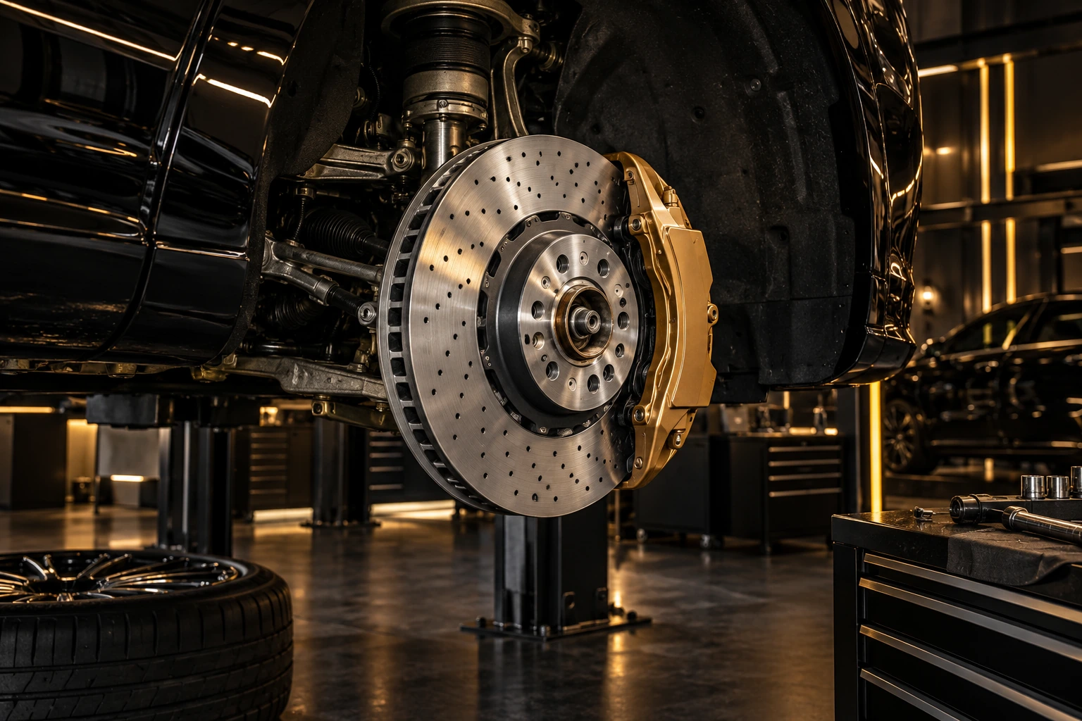 New brake disc being fitted to a luxury German car