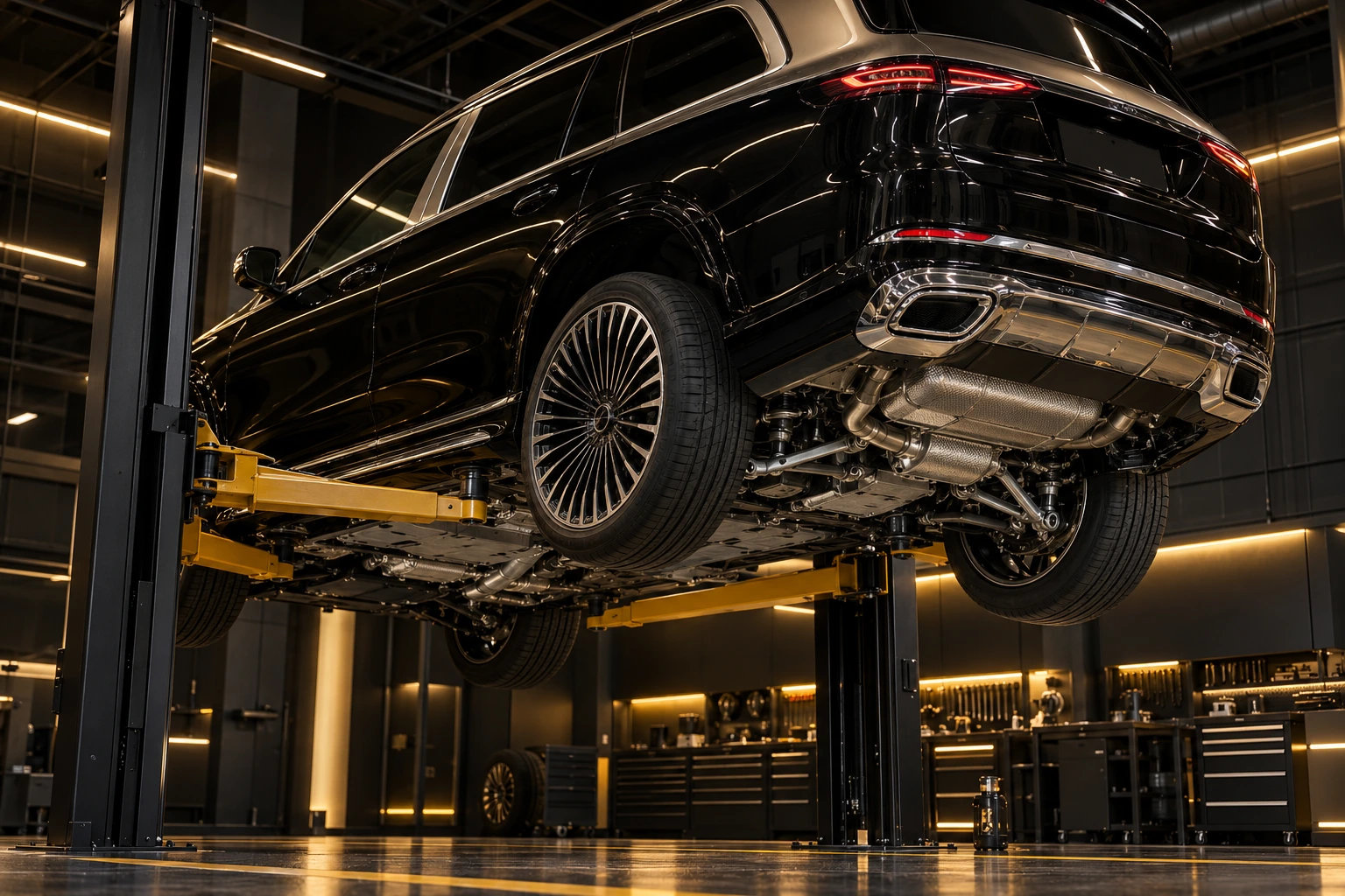 Luxury GLS SUV raised for underbody inspection