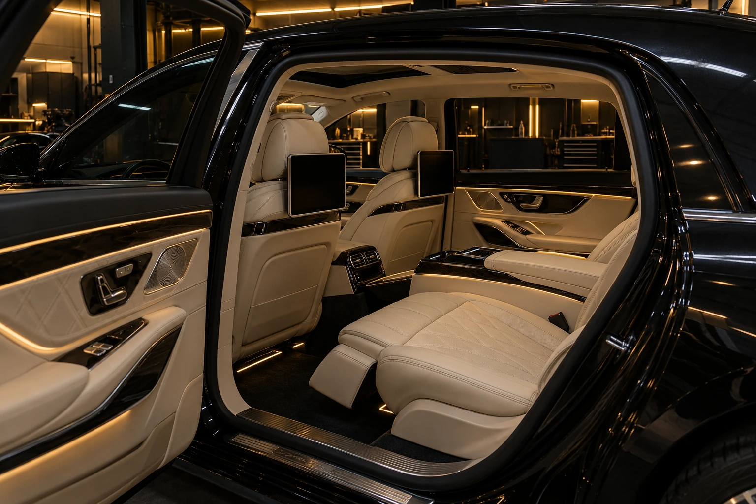 Luxury limousine rear cabin with reclining seats and screens