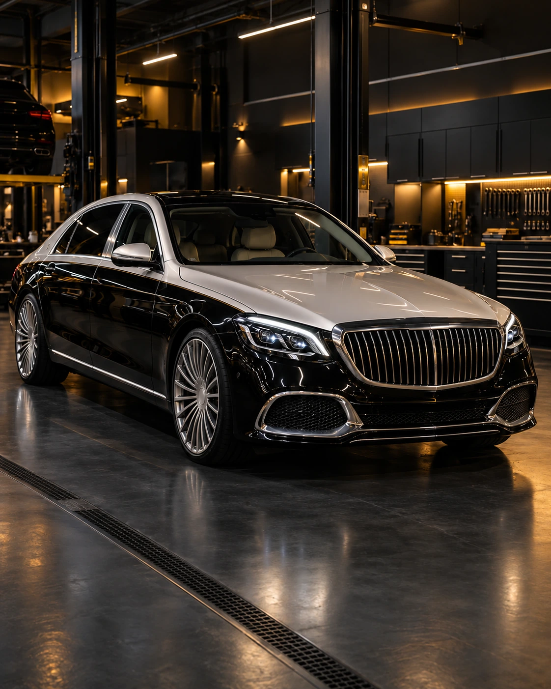 Two-tone luxury S-Class saloon in a black and gold workshop