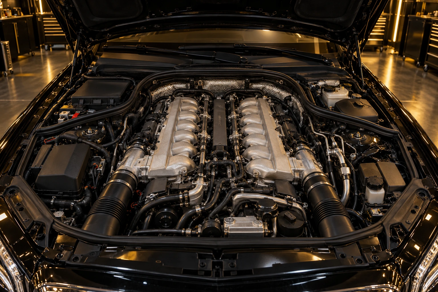 Exposed V12 engine bay under warm workshop lighting