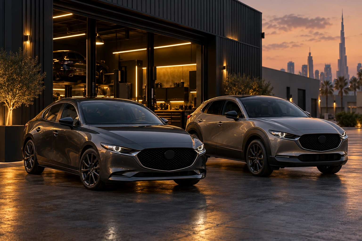 Mazda 3 saloon and CX-30 crossover parked at dusk