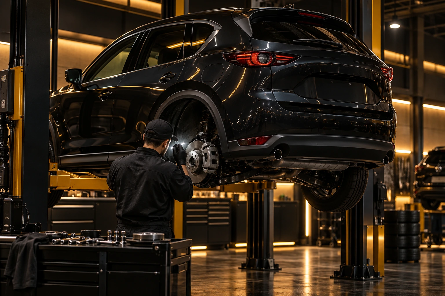 Technician inspecting CX-5 brakes on a lift