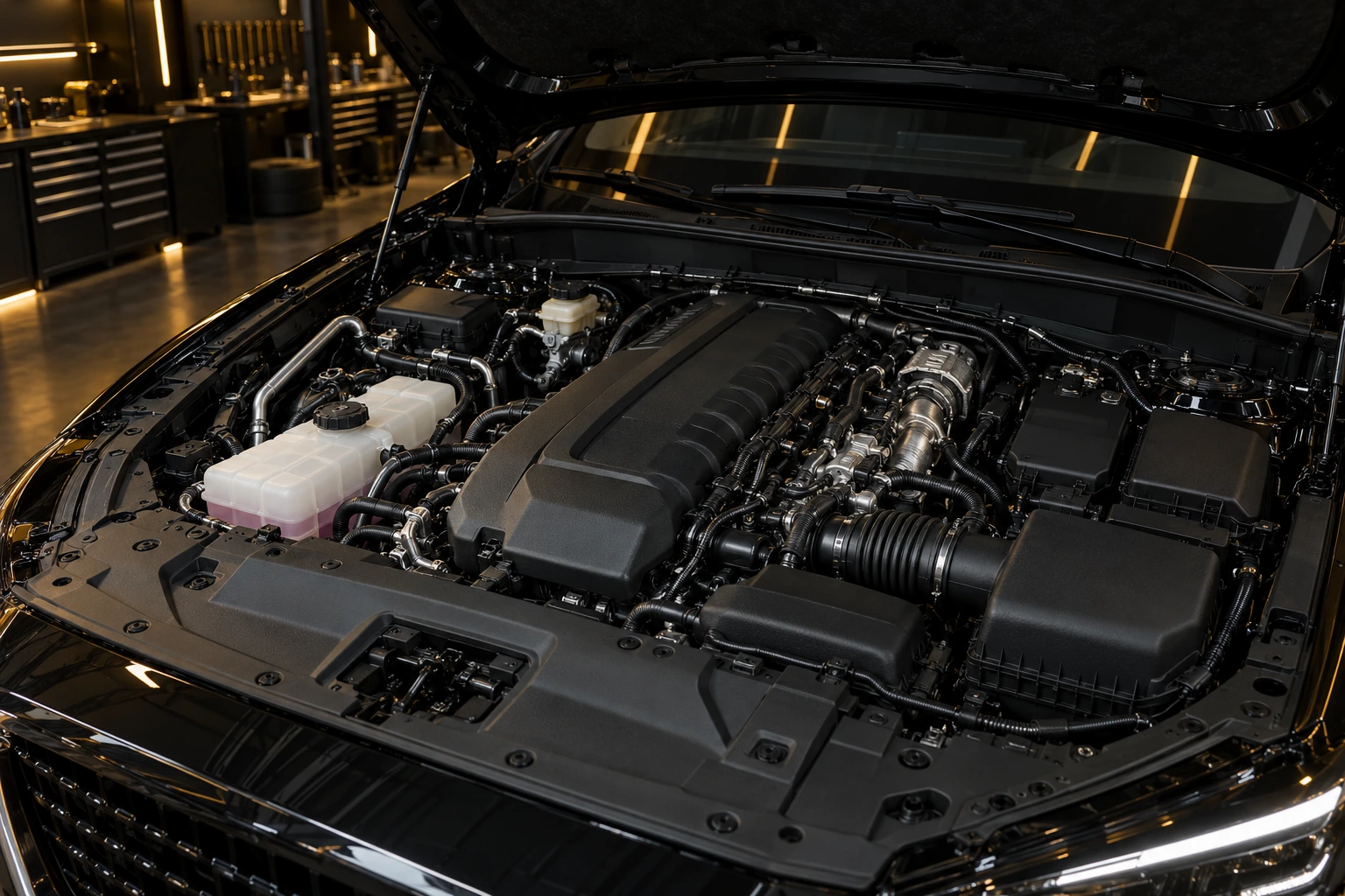 Longitudinal inline-six engine bay in a large SUV