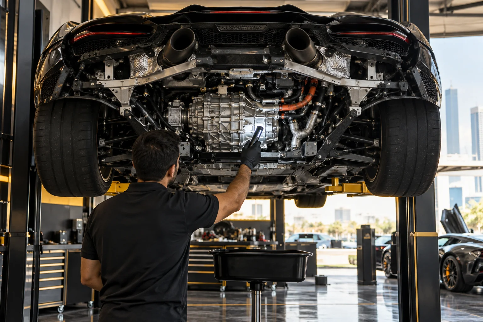 rear underside of a mid engine supercar on a lift, diffuser panel removed, a gloved hand holding a torch on the dual clutch gearbox casing and coolant lines, drip tray below