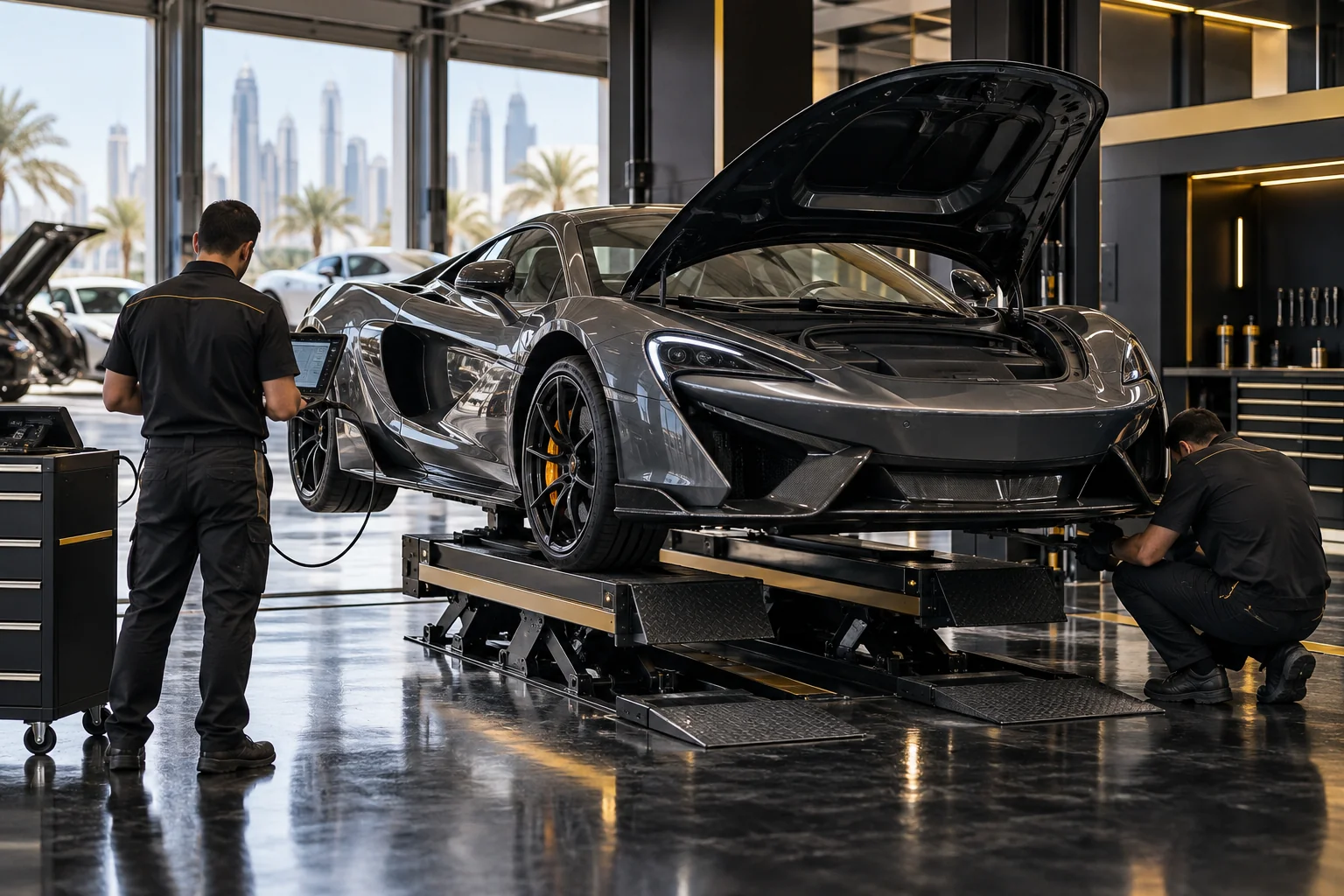 a mid engine supercar on a low rise lift, one technician from behind with a diagnostic tablet connected, another checking the front suspension