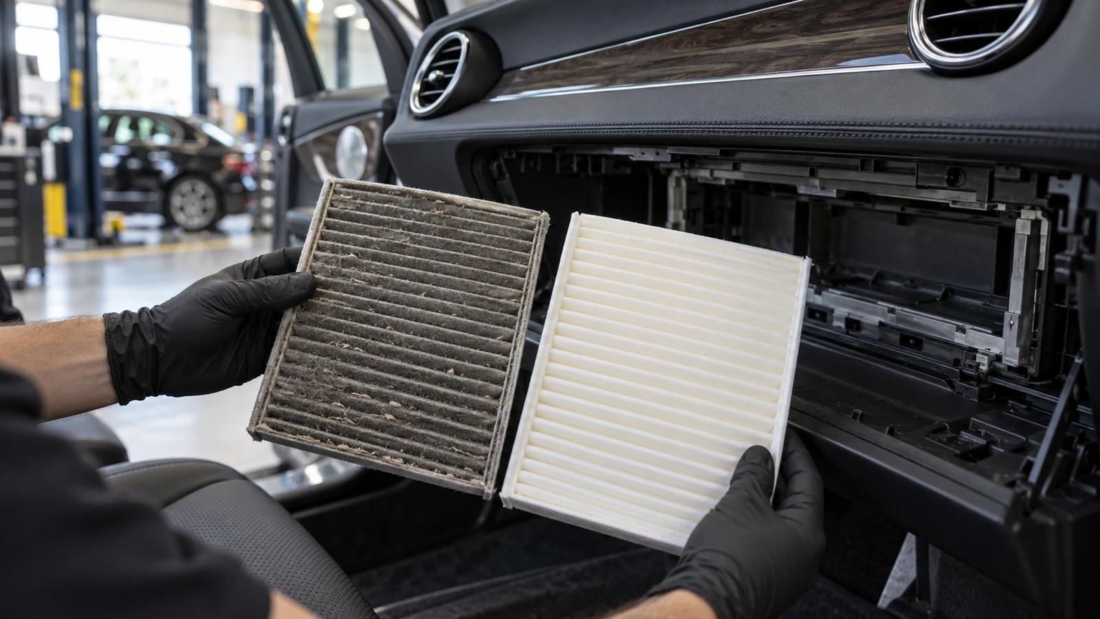 Gloved hands compare a dusty cabin filter with a clean replacement beside an open glovebox filter housing