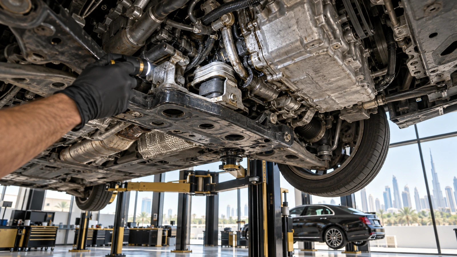 Technician checks an engine mount and lower V6 engine area on a two-post lift in Dubai