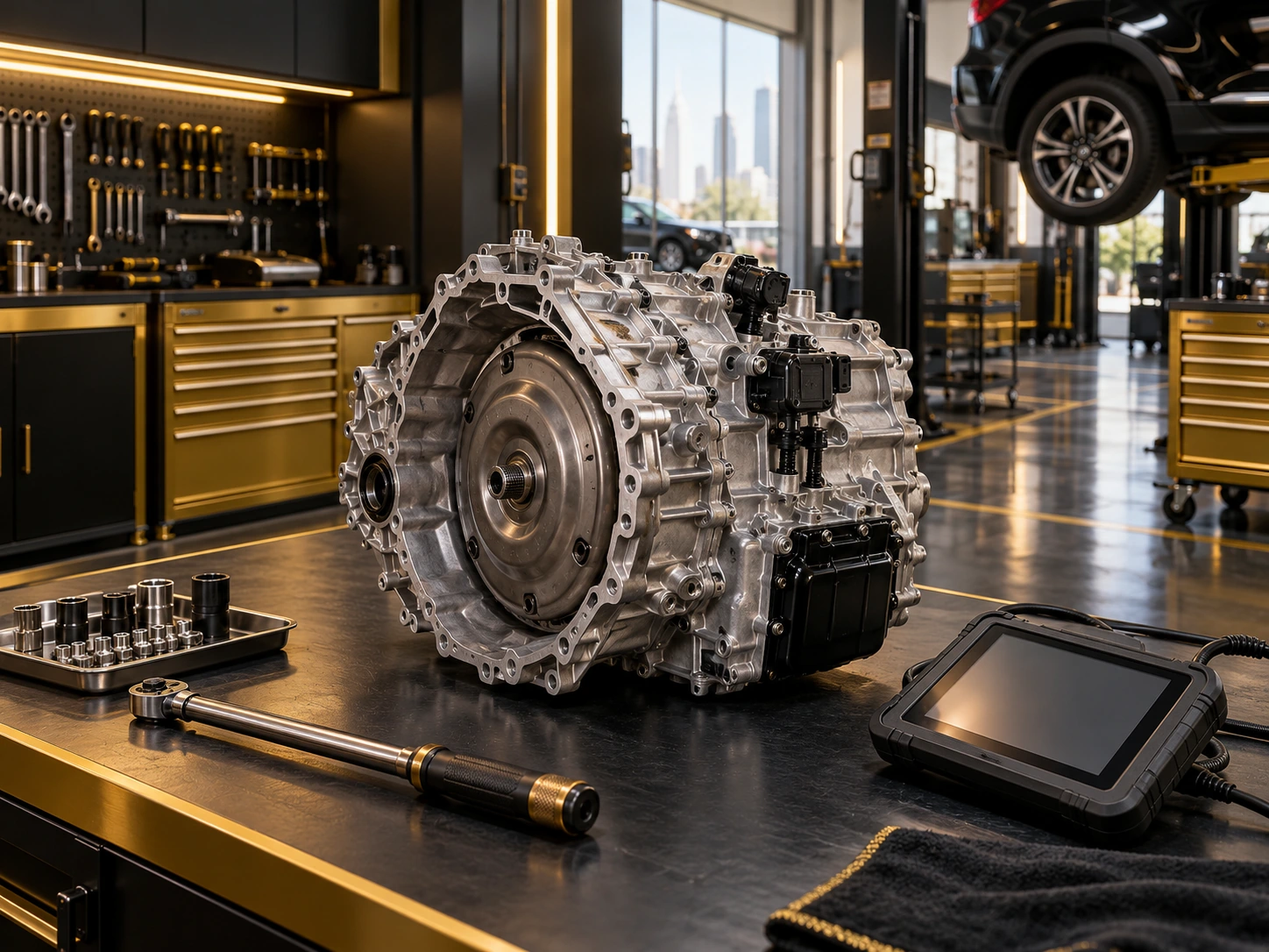automatic gearbox on a workbench beside diagnostic tools in a Dubai workshop