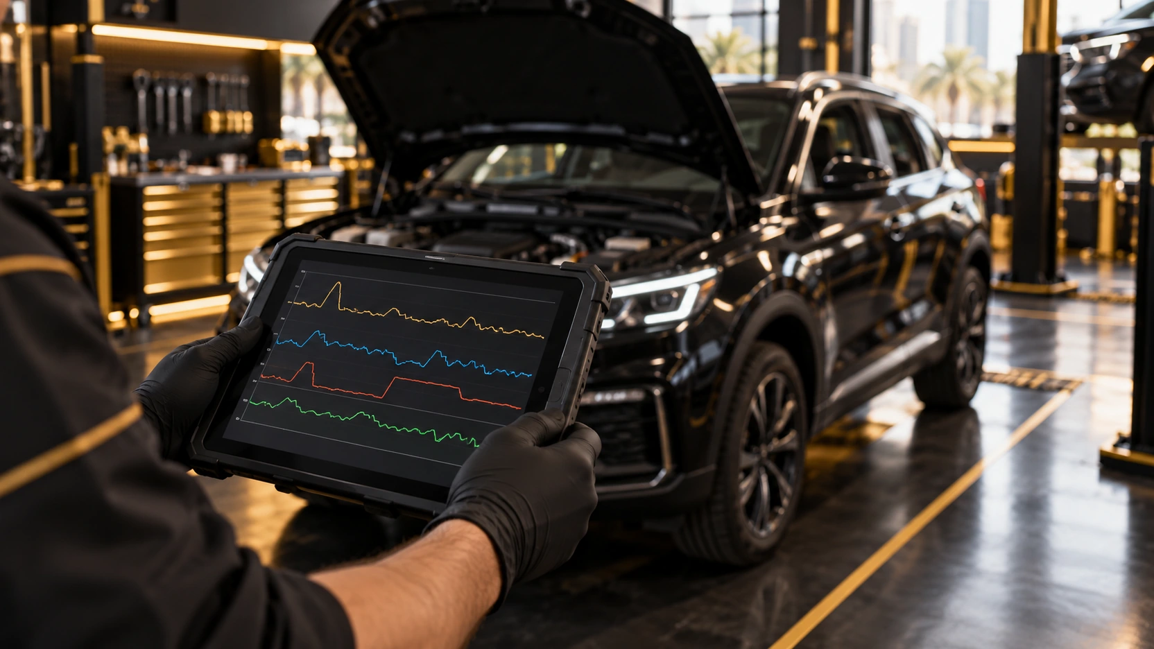 Technician reading gearbox data graphs beside a compact SUV