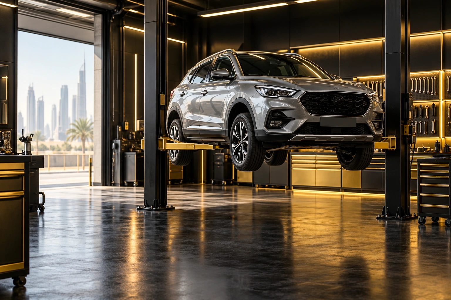 compact SUV on a lift in a clean Dubai workshop with black and gold details