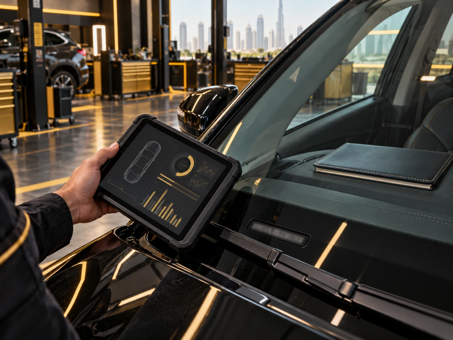 technician checking a car VIN plate and service book on a tablet