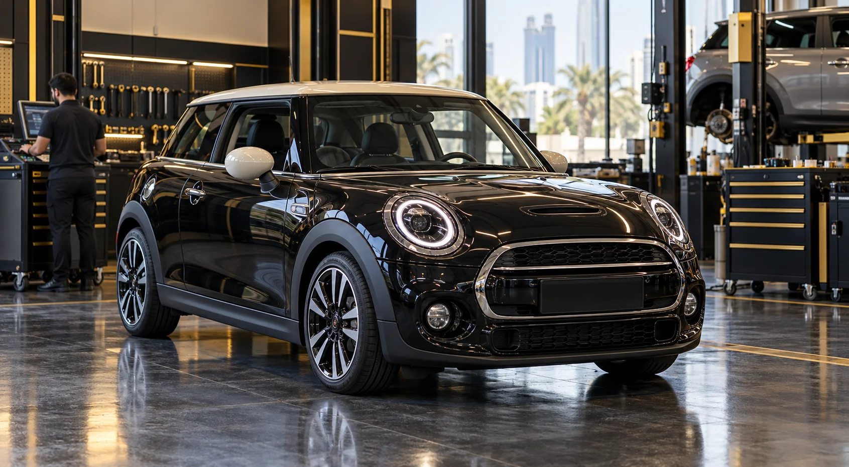 a modern three door small premium hatchback with round headlights and a contrast colour roof in a spotless bay, three quarter front view, diagnostic trolley and gold accented cabinets behind