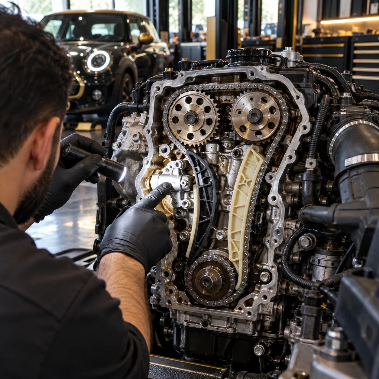 close up of a small four cylinder turbo engine with the timing cover off, chain, tensioner and guides visible, a gloved hand pointing at the tensioner with a torch