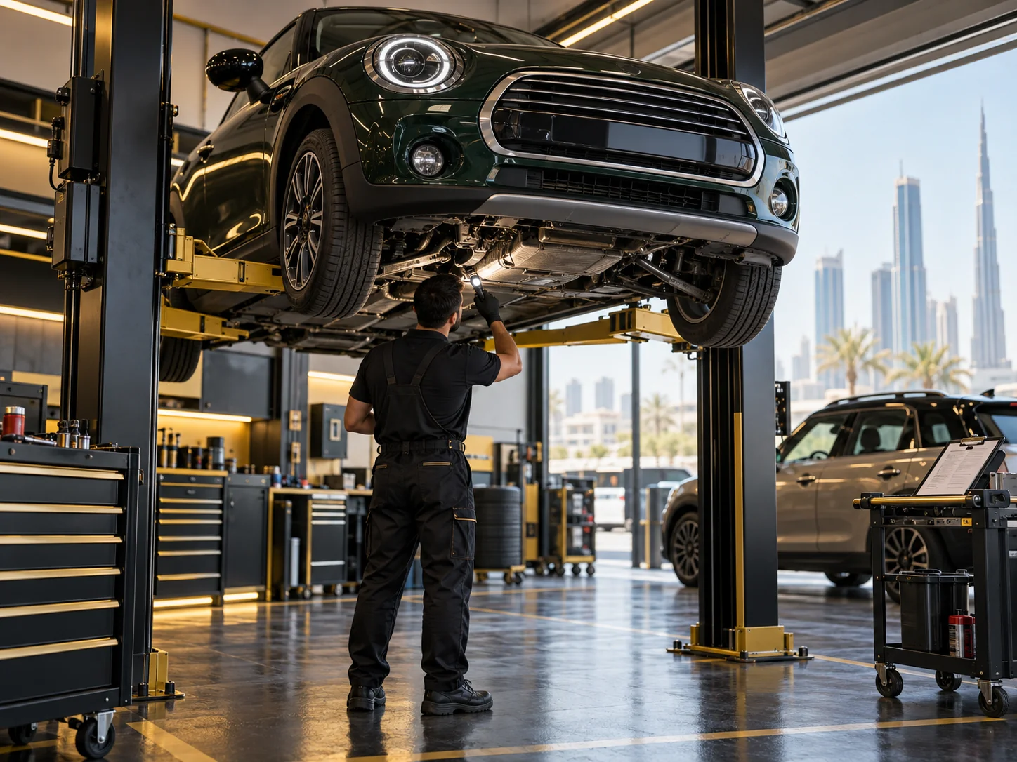 a small premium hatchback on a two post lift, a torch checking the underbody, oil pan and suspension, clipboard on a stand