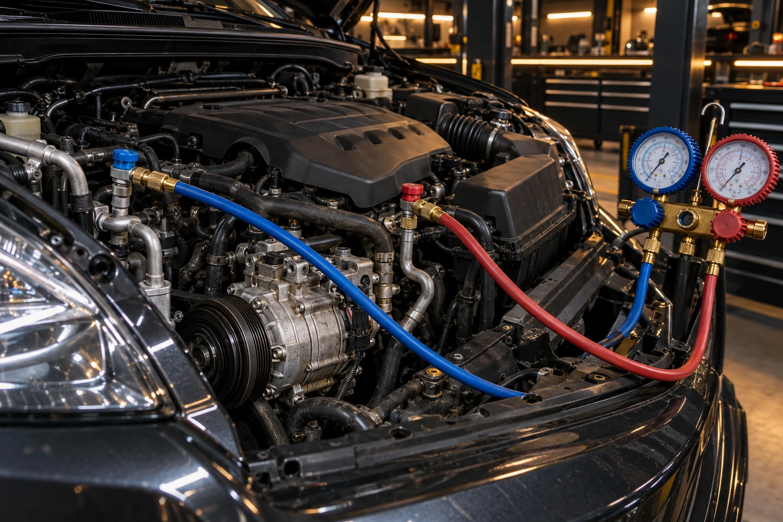 AC compressor and manifold gauges connected in a Mitsubishi engine bay