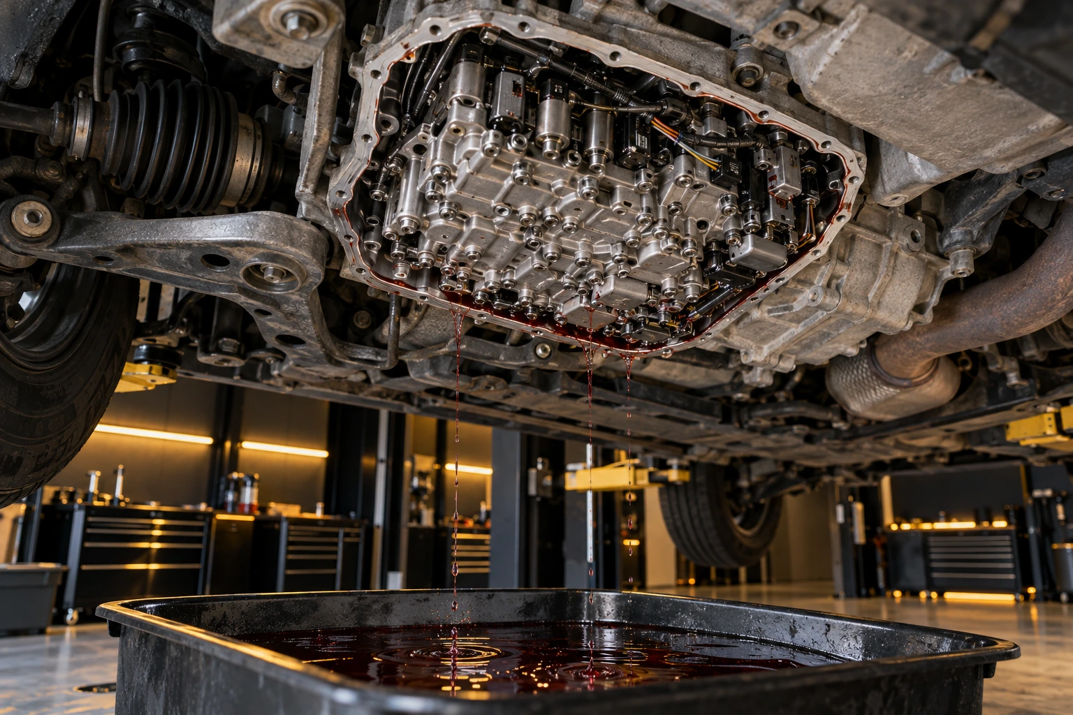Mitsubishi CVT gearbox with the pan removed and fluid draining into a tray