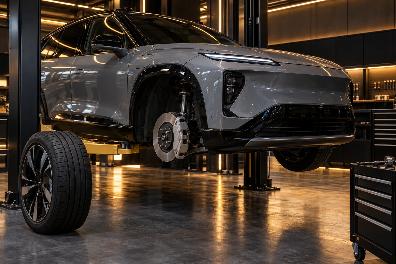 Electric car brake disc and caliper exposed during wheel and tyre service
