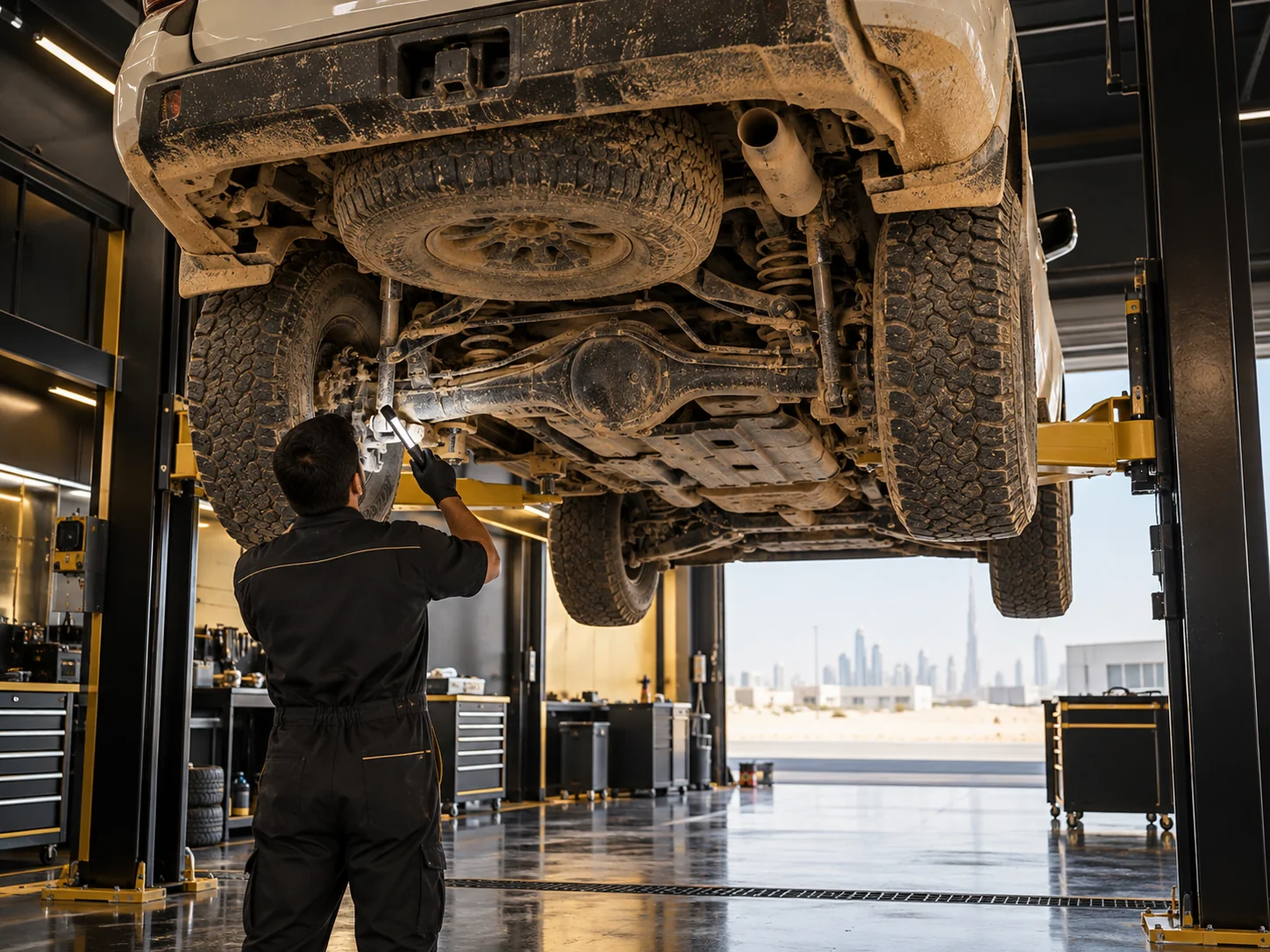 a large 4x4 SUV on a two post lift with desert sand dust on the underbody, a technician from behind checking brakes and suspension with a torch, low angle