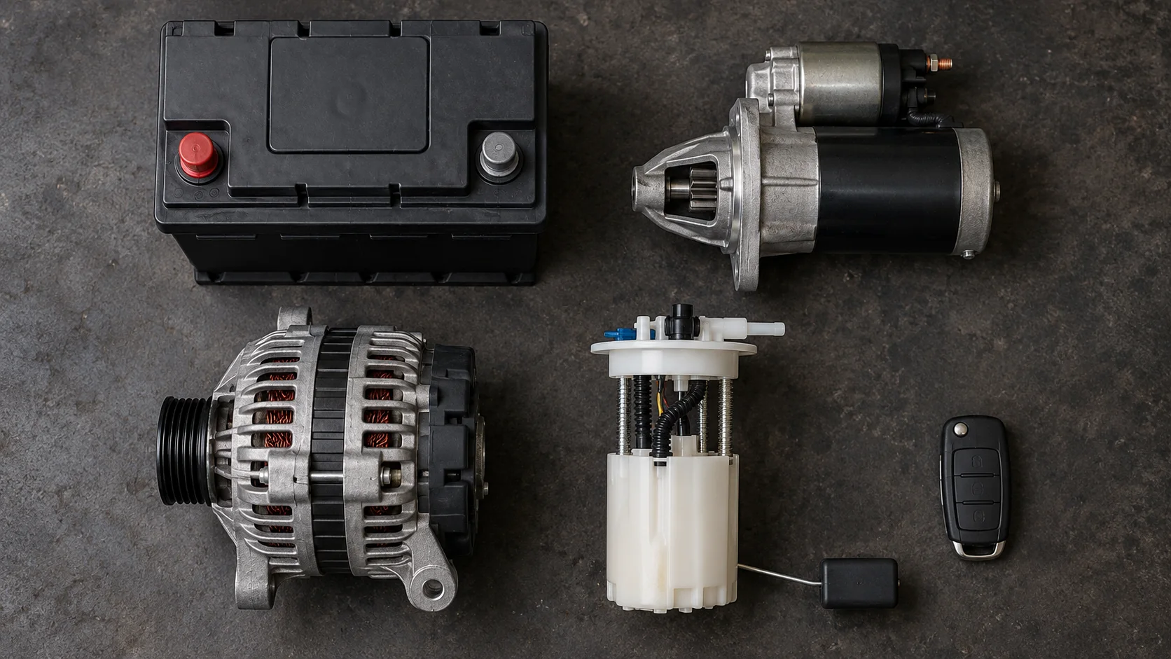 Car battery, starter motor, alternator, fuel pump and key fob laid out on a workshop floor