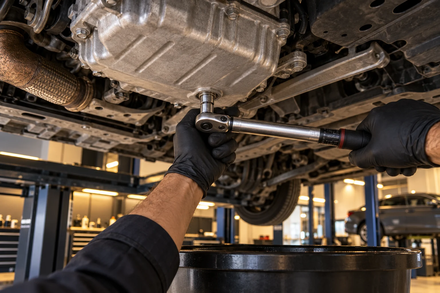 Gloved hands using a torque wrench on an engine sump drain plug on a workshop lift