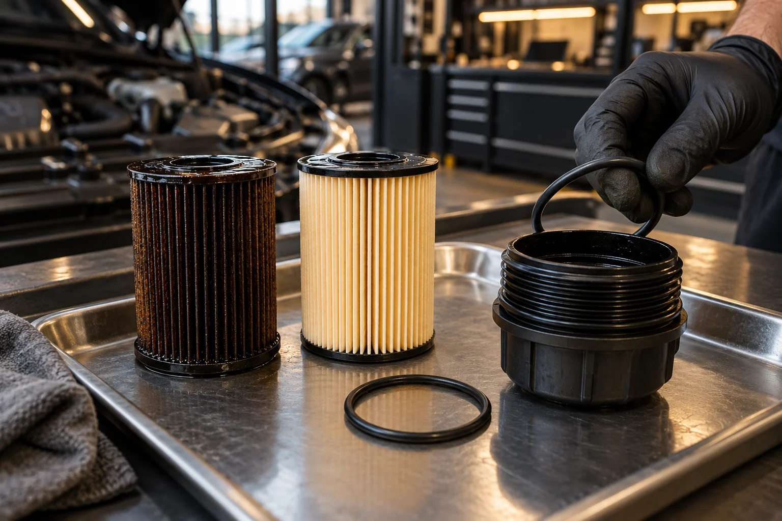 New and used cartridge oil filters beside a filter housing and new rubber seals on a workshop bench