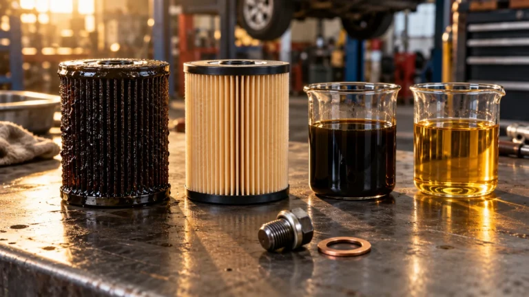 Old oil filter beside a new oil filter and new drain plug washer
