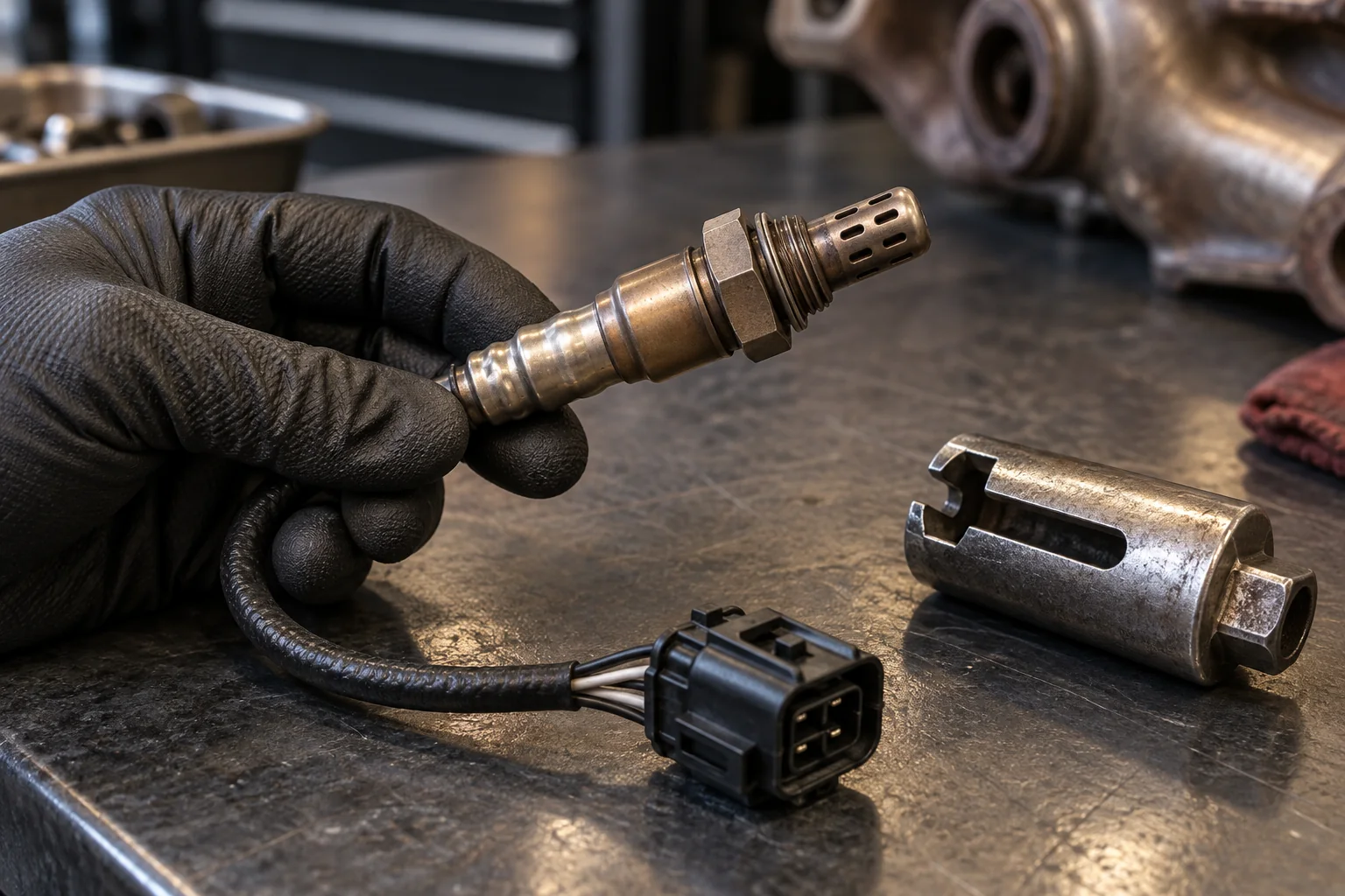 Oxygen sensor with its four pin connector and socket laid on a workbench
