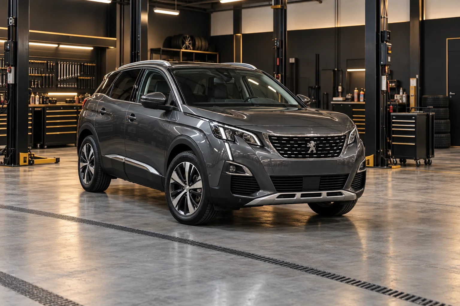 Grey Peugeot 3008 style SUV in a workshop bay