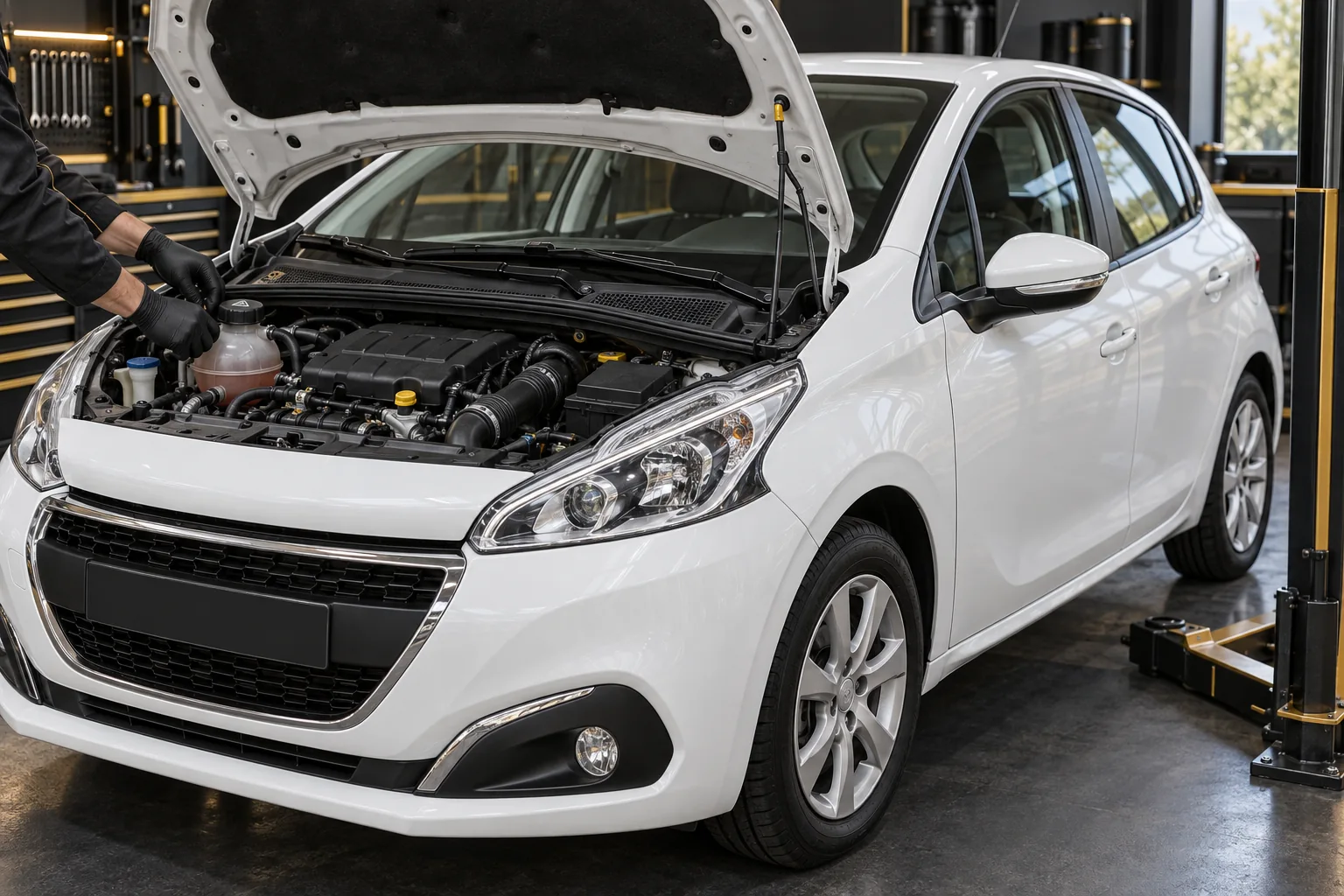 Coolant and hose inspection beside a Peugeot 208 style hatchback