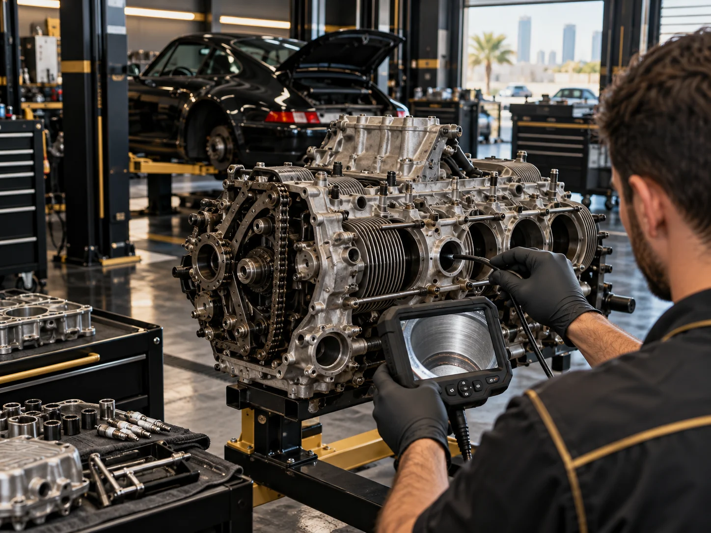 a flat six boxer engine partly stripped on a stand, gloved hands holding a borescope at a spark plug hole, a small screen showing a cylinder wall