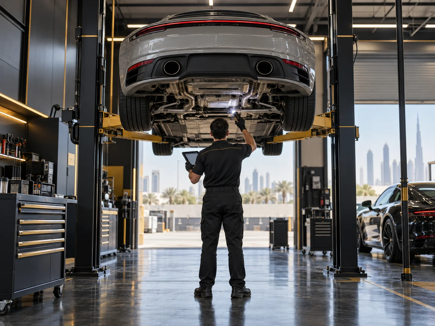 Porsche on a lift for inspection