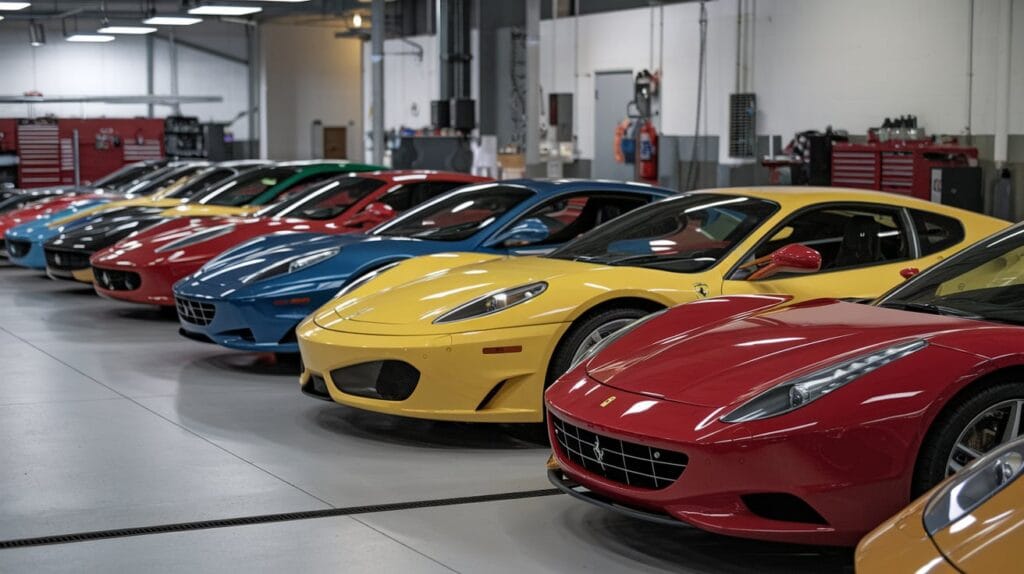 A pair of Ferrari key fobs resting on a service invoice at a premium repair shop.