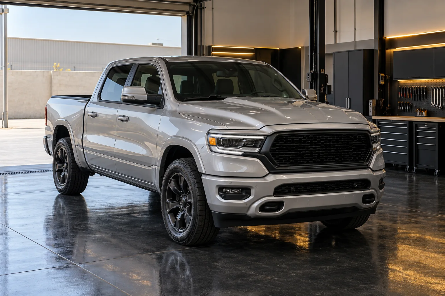 Illustrative silver RAM 1500 style crew-cab pickup in a clean workshop