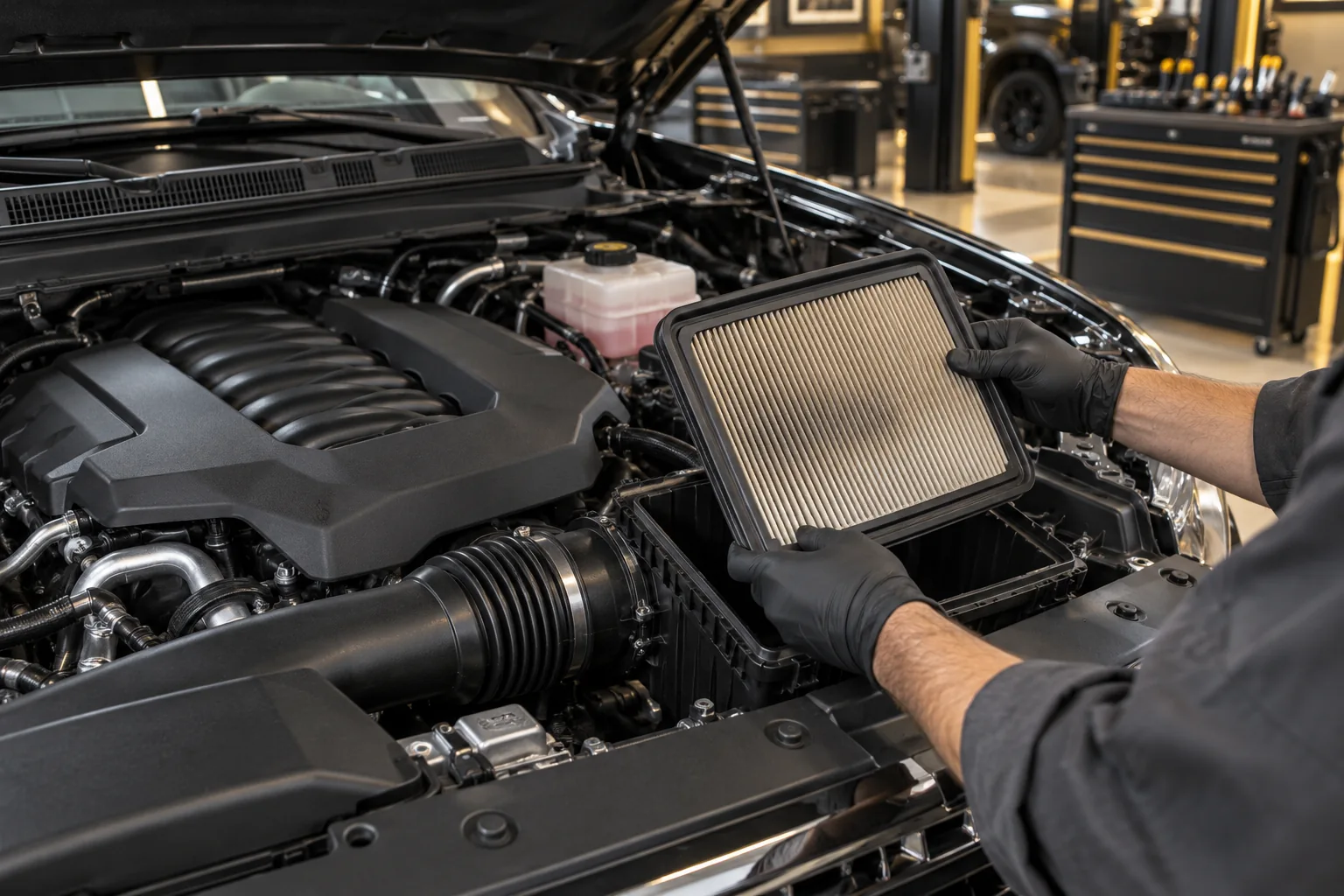 Illustrative air-filter inspection in a large petrol pickup engine bay