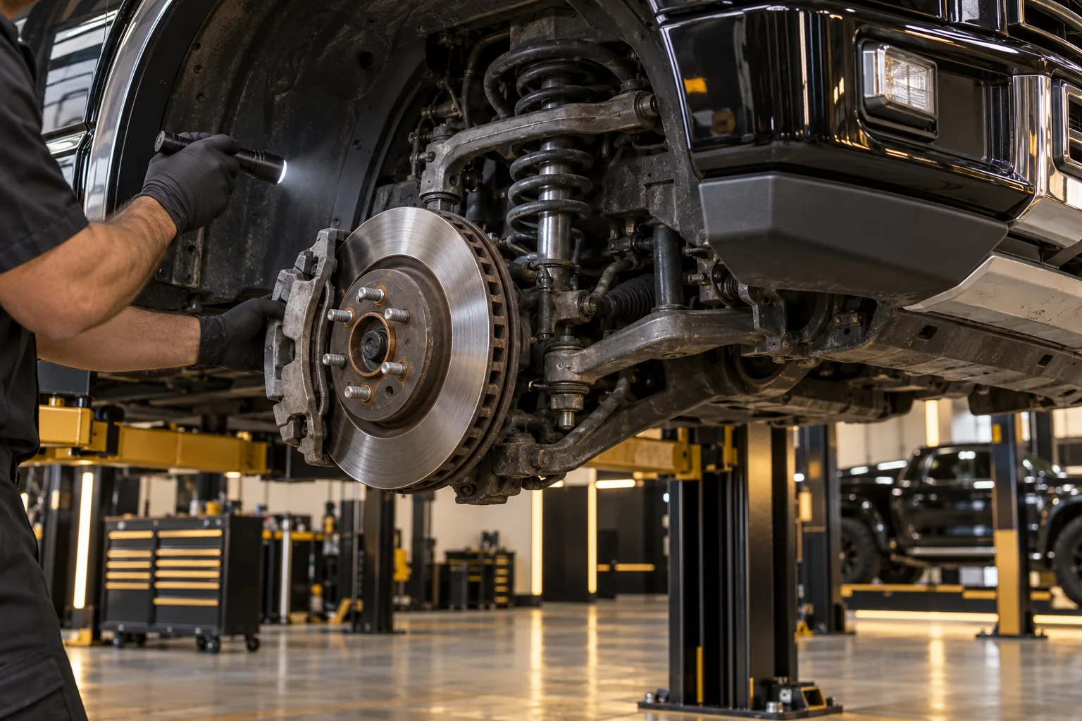 Illustrative brake and suspension inspection on a supported pickup