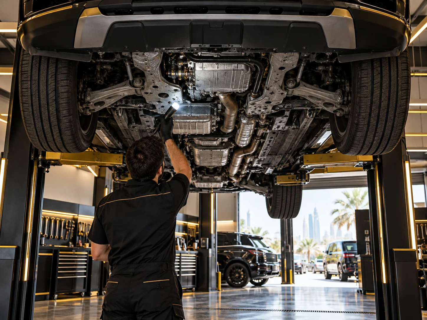 underside of a full size luxury SUV on a lift, a torch beam on the subframe, air lines and sump, gold accent lighting