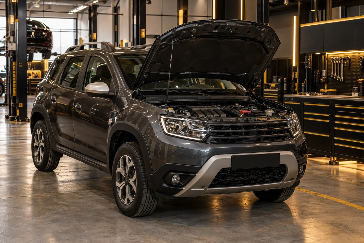 Illustrative Renault Duster with its bonnet open in a workshop