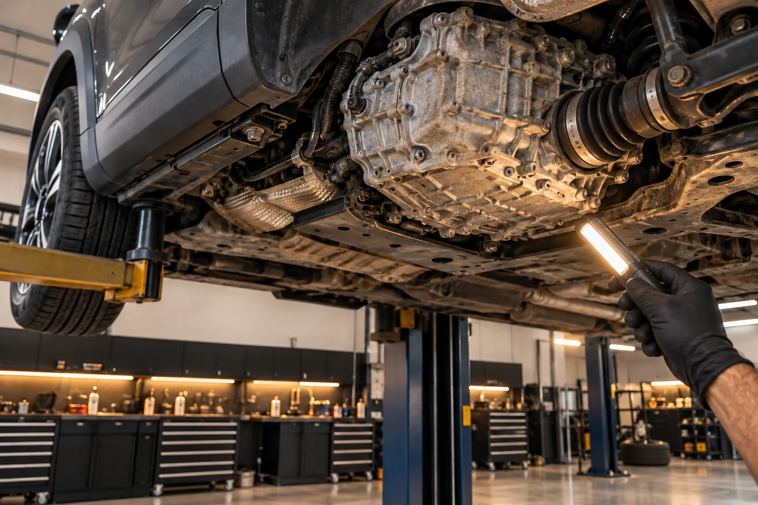 Inspection of a transmission casing beneath a raised car