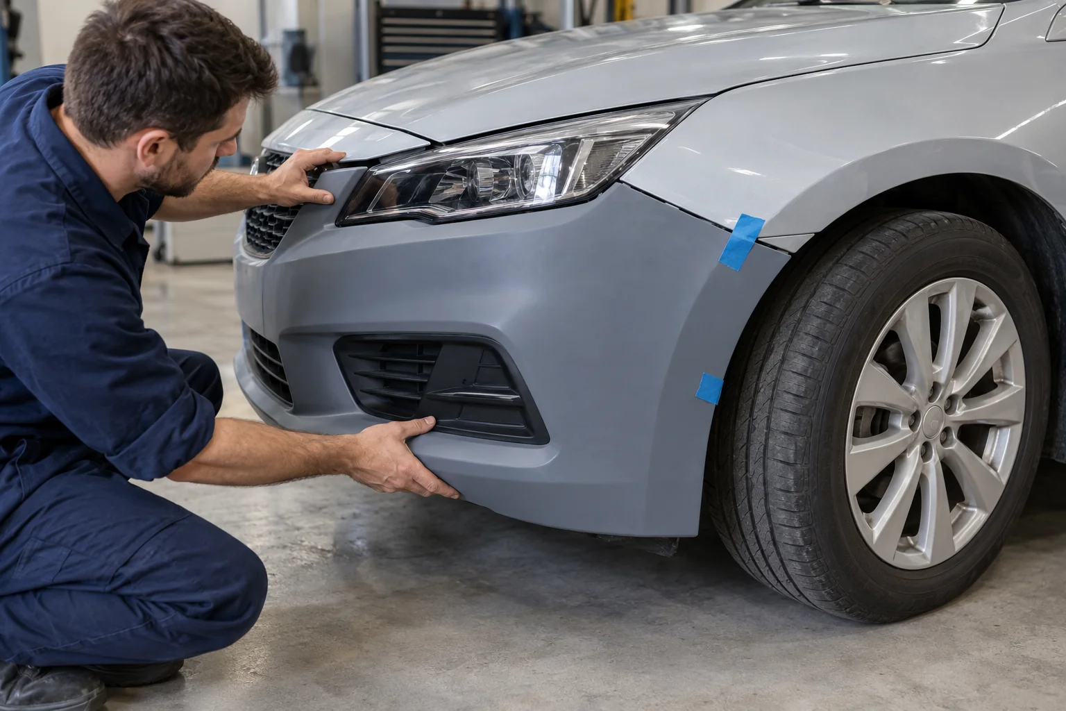 Technician checking a bumper cover’s fit beside the headlight and front wing