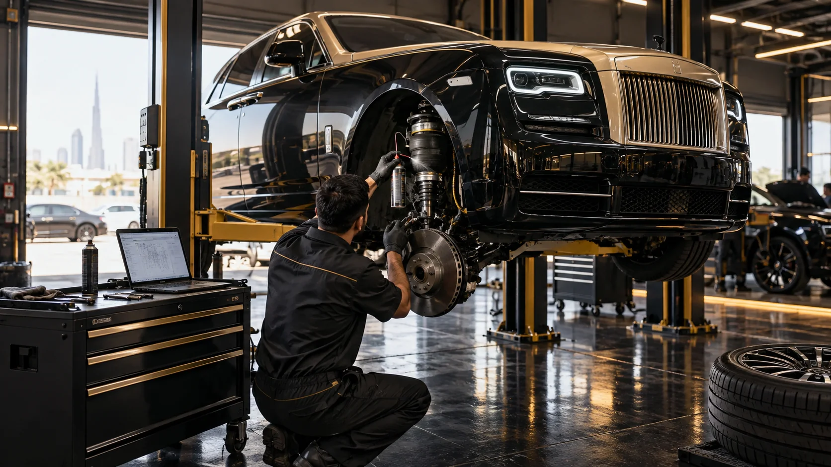 a large luxury saloon on a lift with one front wheel off, gloved hands checking an air strut and air line with leak spray, laptop nearby with an unreadable screen