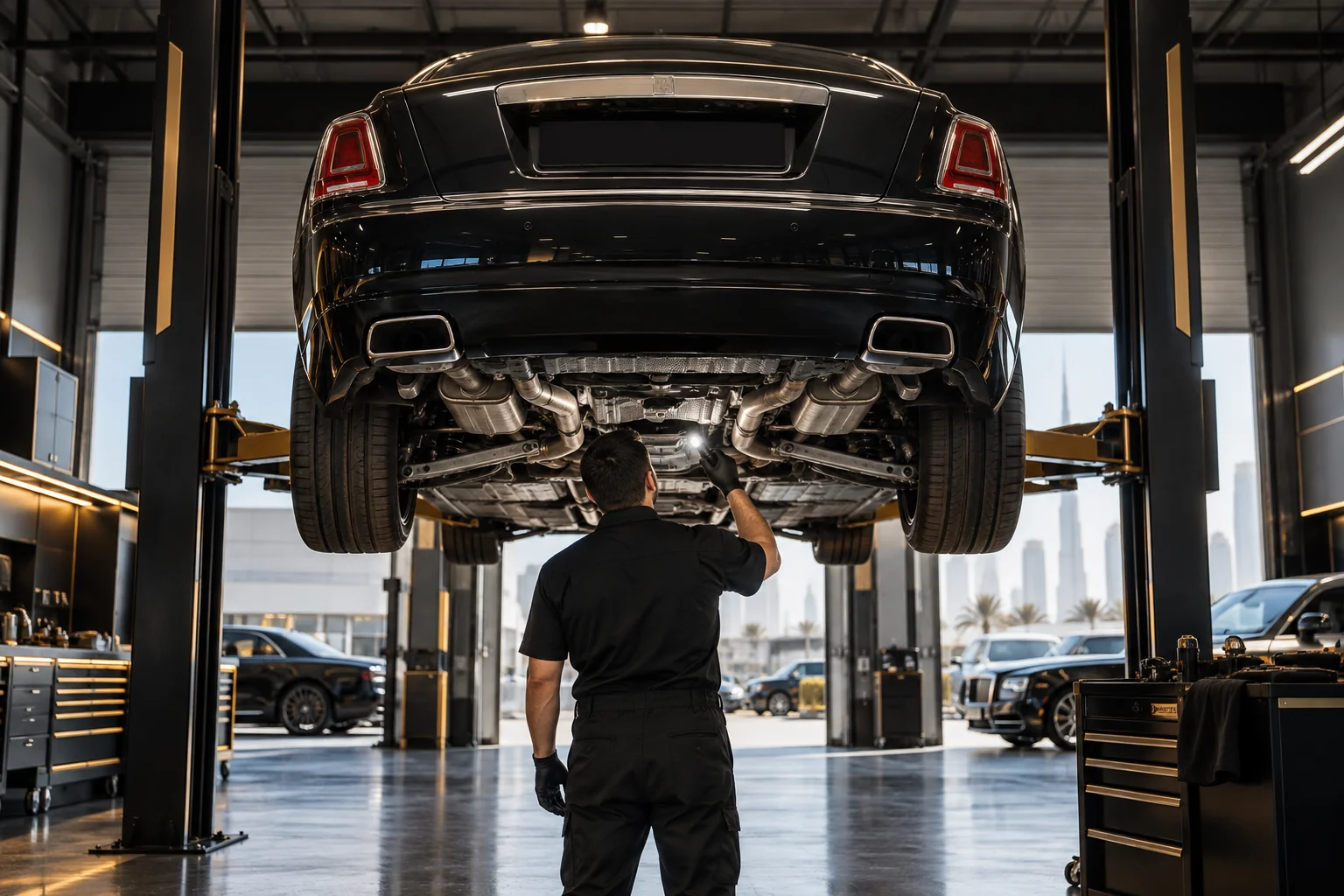 a used ultra luxury saloon on a lift, a technician from behind inspecting the underbody, suspension and exhaust with a torch