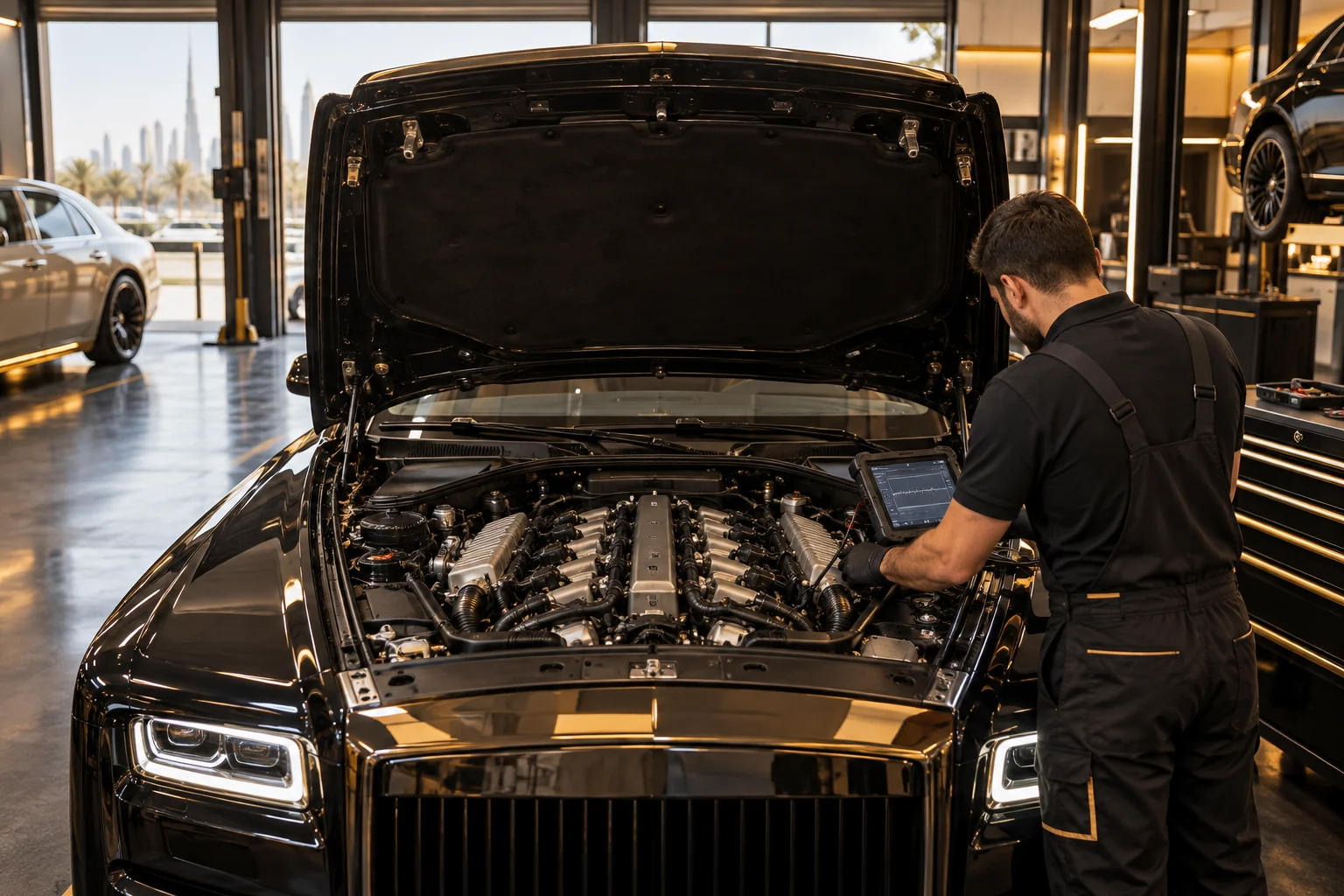 open bonnet of a luxury saloon showing a large V12 with covers removed, a technician checking ignition coils with a scan tool connected, warm light