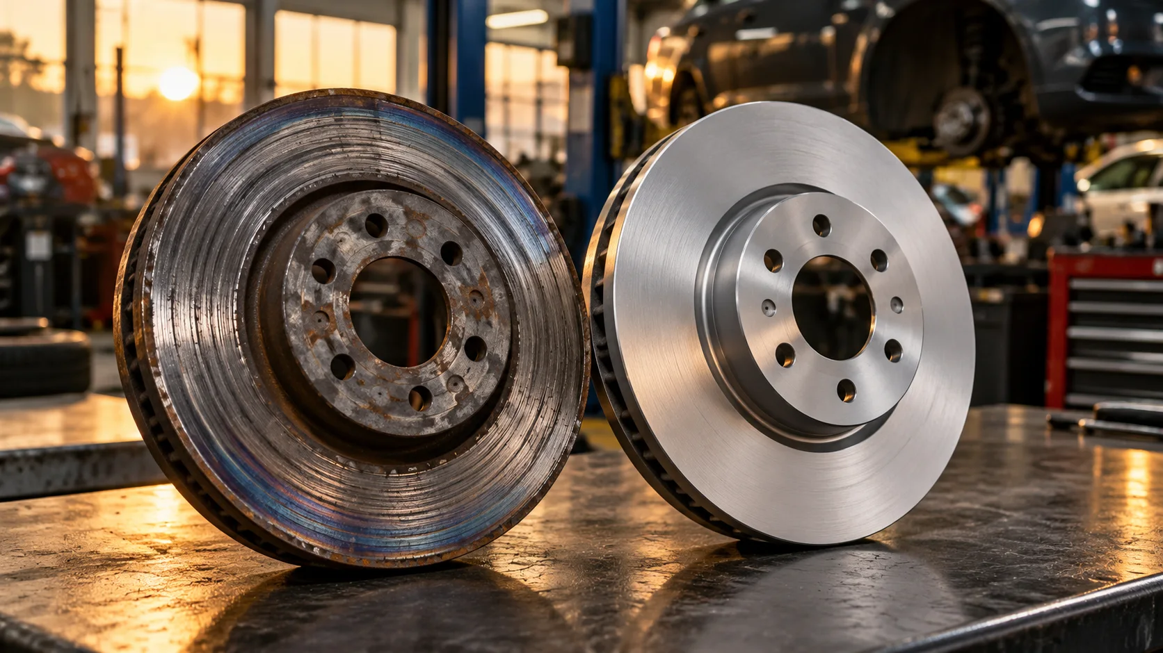 Scored and heat discoloured brake disc next to a smooth new brake disc