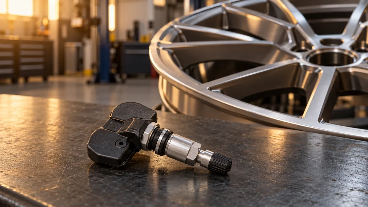 Direct tyre pressure monitoring sensor and metal valve stem beside an alloy wheel