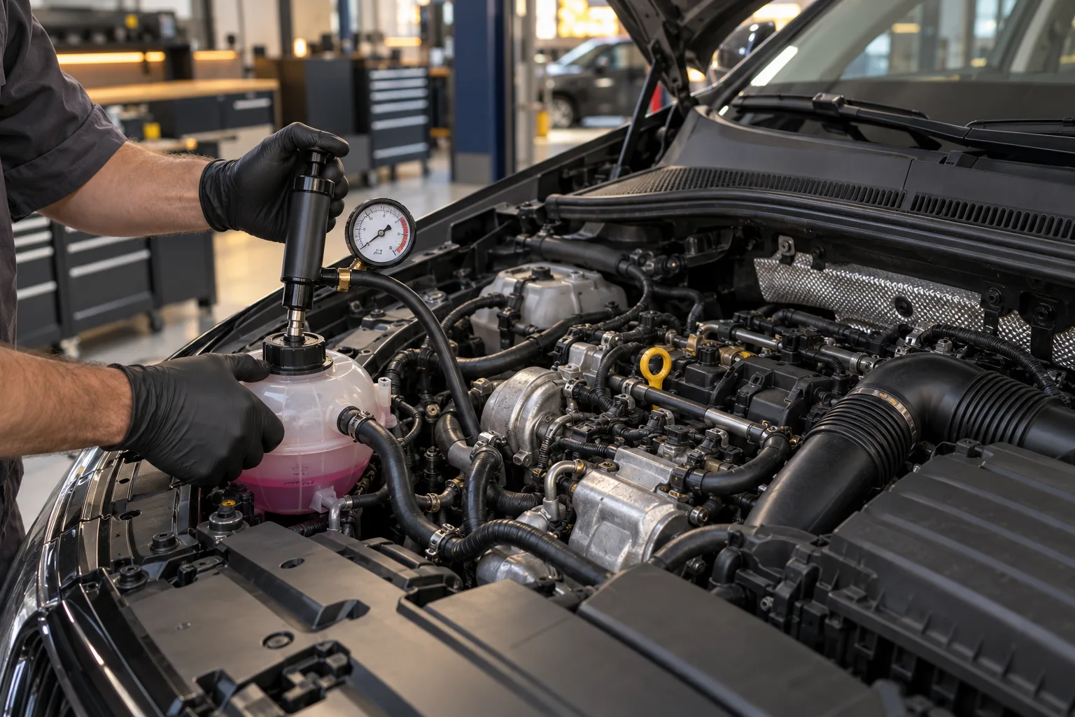 Coolant hose and expansion-tank checks in a turbo petrol engine bay